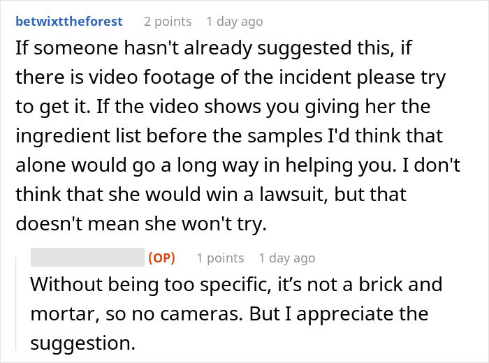 User comments discussing video evidence and liability in a case of a kid with nut allergy grabbing a sample from a worker. User comments discussing video evidence and liability in a case of a kid with nut allergy grabbing a sample from a worker.