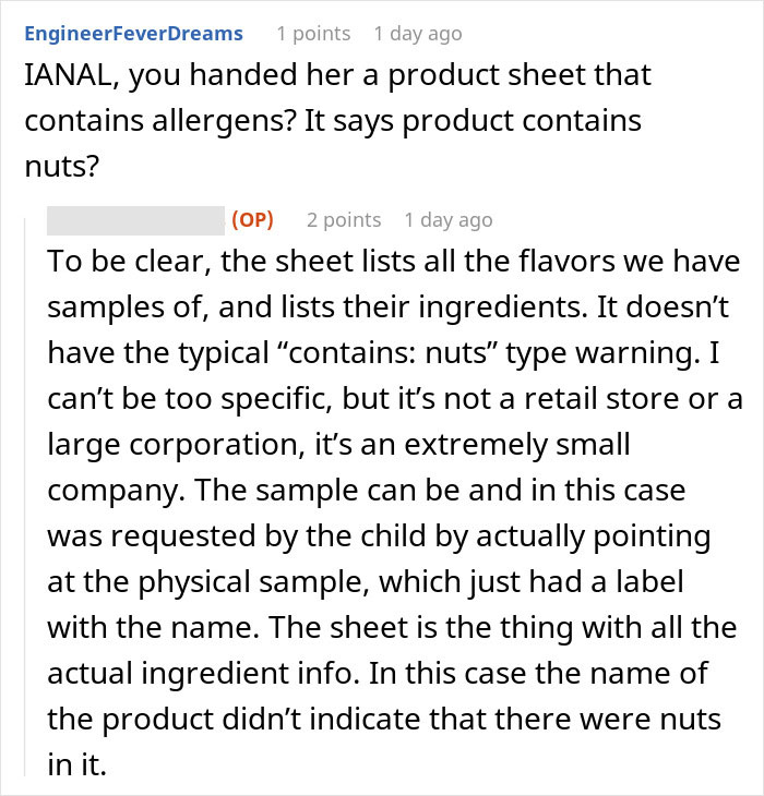 Screenshot of an online discussion about a kid with nut allergy grabbing a sample and worker being blamed for it. Screenshot of an online discussion about a kid with nut allergy grabbing a sample and worker being blamed for it.