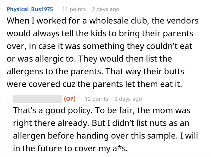 Kid with nut allergy grabs sample, worker blamed for giving it to him in a wholesale club setting discussion. Kid with nut allergy grabs sample, worker blamed for giving it to him in a wholesale club setting discussion.