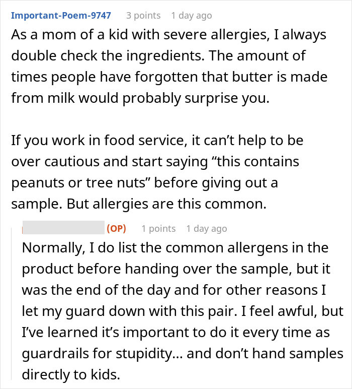 Comment about a kid with nut allergy grabbing a food sample, with worker blamed for giving it without allergen warning. Comment about a kid with nut allergy grabbing a food sample, with worker blamed for giving it without allergen warning.