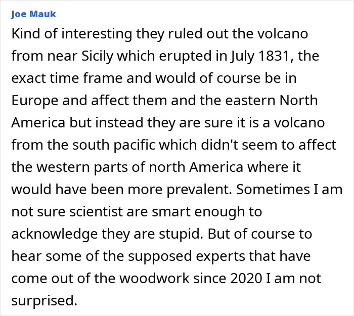 Comment by Joe Mauk discussing the 1831 mystery about the sun turning blue and volcanic activity's impact on North America.