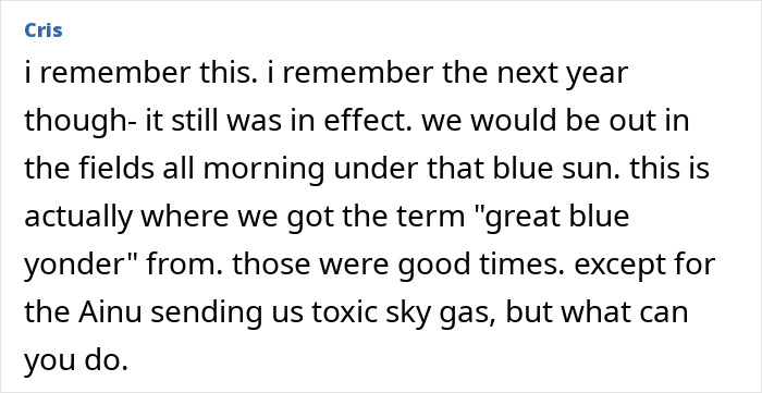 Text excerpt describing memories of a blue sun event, relating to the 1831 mystery of the sun turning blue.