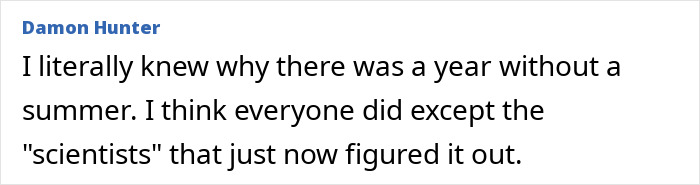 Comment by Damon Hunter discussing the 1831 mystery of the sun turning blue and the year without a summer.