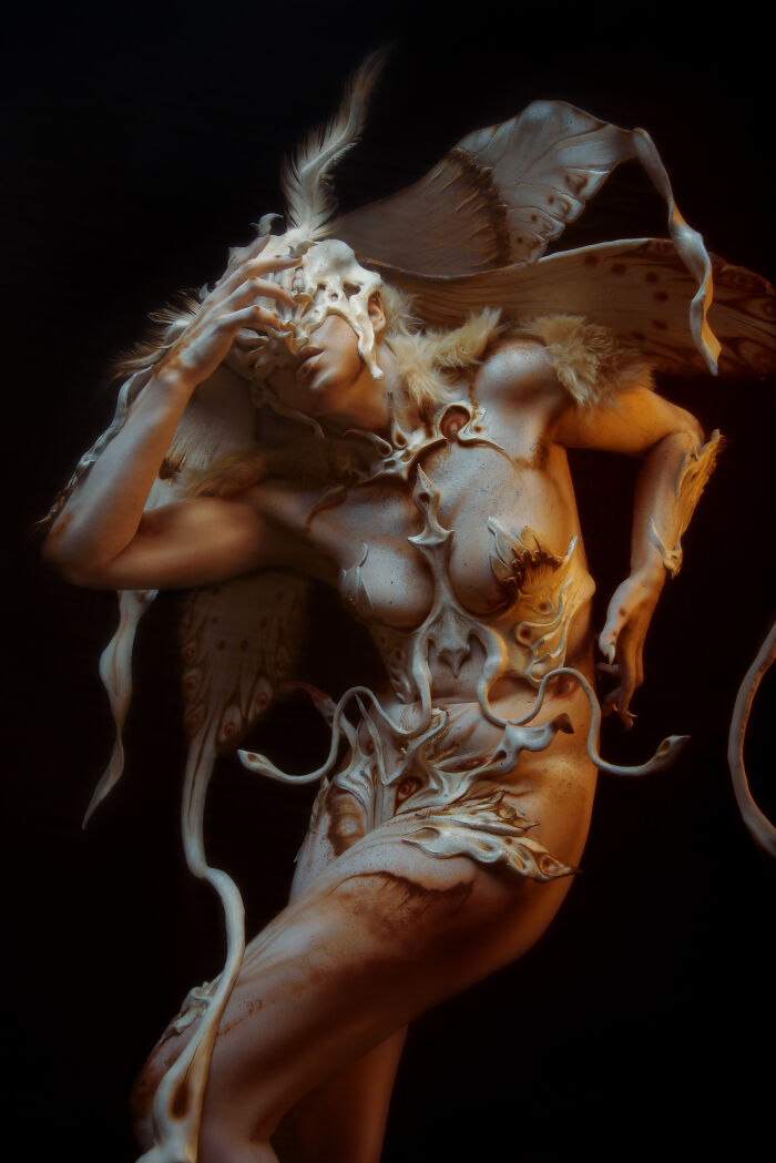 Ethereal Halloween character transformation with intricate bone-like costume and wings, embodying haunting artistic Halloween design.