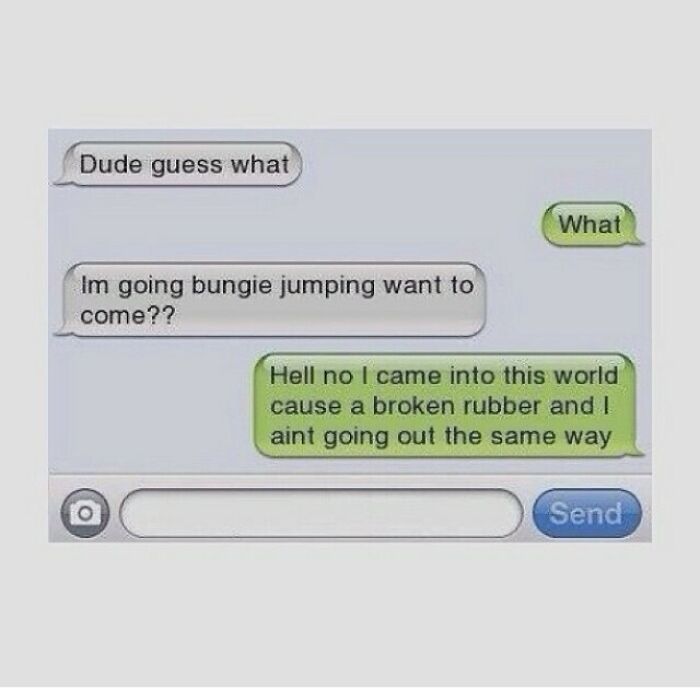 Funny text message conversation showing a humorous refusal to go bungie jumping in texts that might make you laugh.
