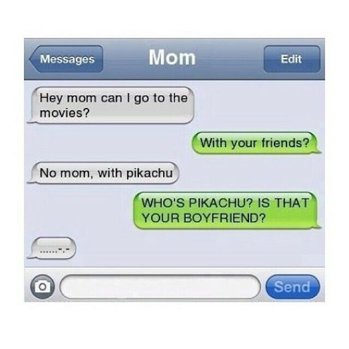 Text message conversation between mom and child about going to the movies with Pikachu in a funny exchange.