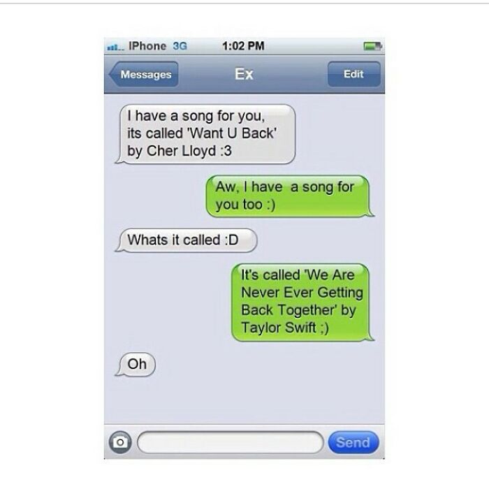 Text message exchange featuring a humorous breakup song reference, fitting for texts that might make you laugh.
