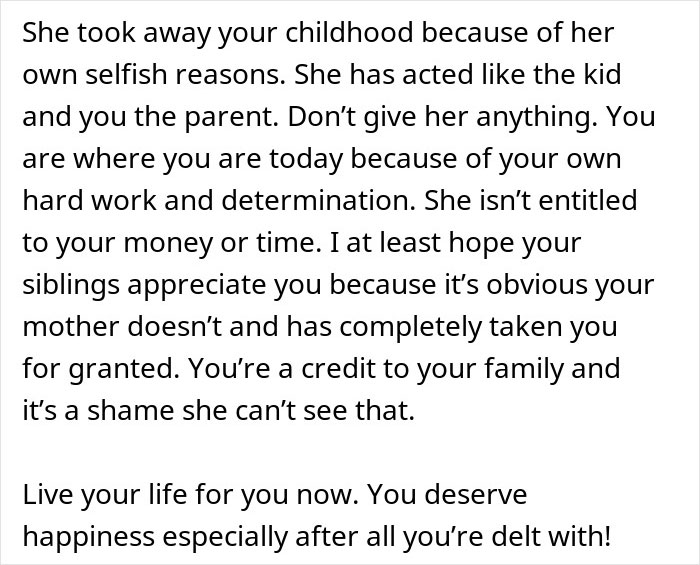 Motivational message about siblings who take care and a mother who refuses support, emphasizing self-worth and determination.