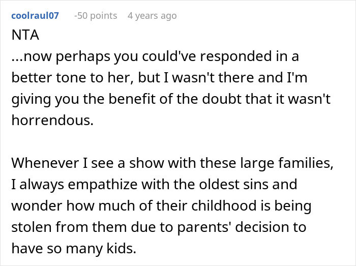 Screenshot of an online comment discussing siblings taking care and refusing support from their mother in a family conflict.