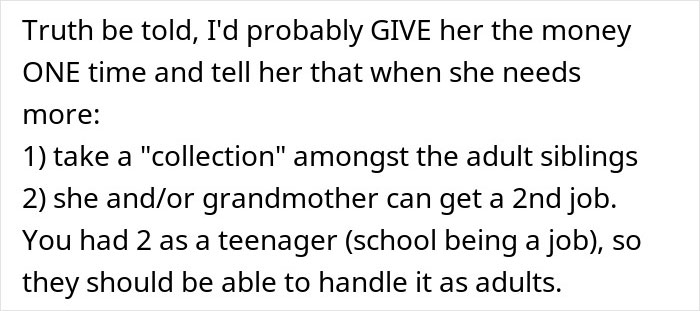 Text discussing siblings refusing support to mother and suggesting taking a collection among adult siblings for money assistance.