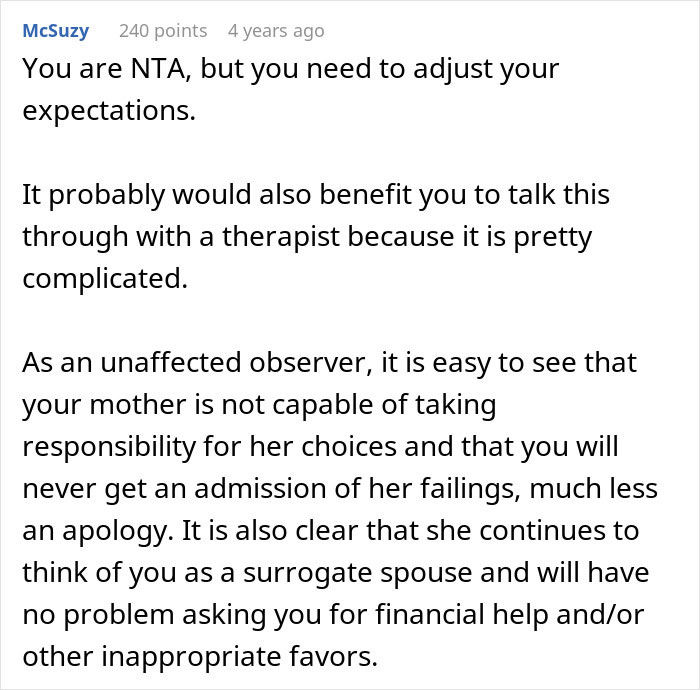Comment discussing siblings who take care of a mother refusing support due to her lack of responsibility.