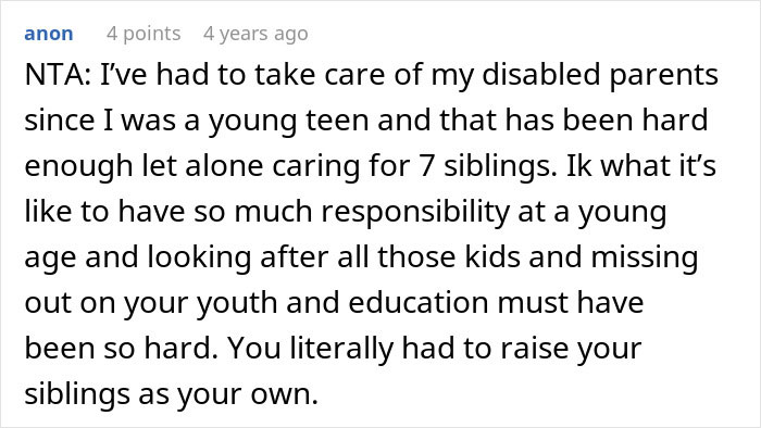 Comment discussing the challenges of taking care of siblings and refusing support from mother in a family caregiving situation.
