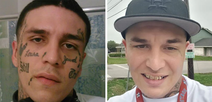 Side-by-side before and after photos showing tattoo mistakes and their correction on a man's face with improved appearance.