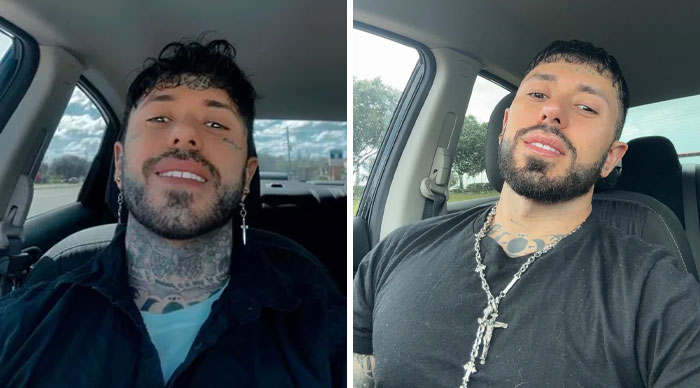 Before and after photos showing tattoo mistakes fixed on a man with neck and face tattoos sitting in a car.