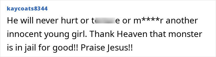 Screenshot of an online comment praising the capture of a monster in jail, related to a teen&rsquo;s survival story in a homicide spree.
