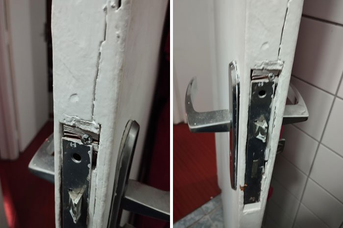 Close-up of a damaged and poorly maintained door lock showcasing a landlord fail renters want to run away from.