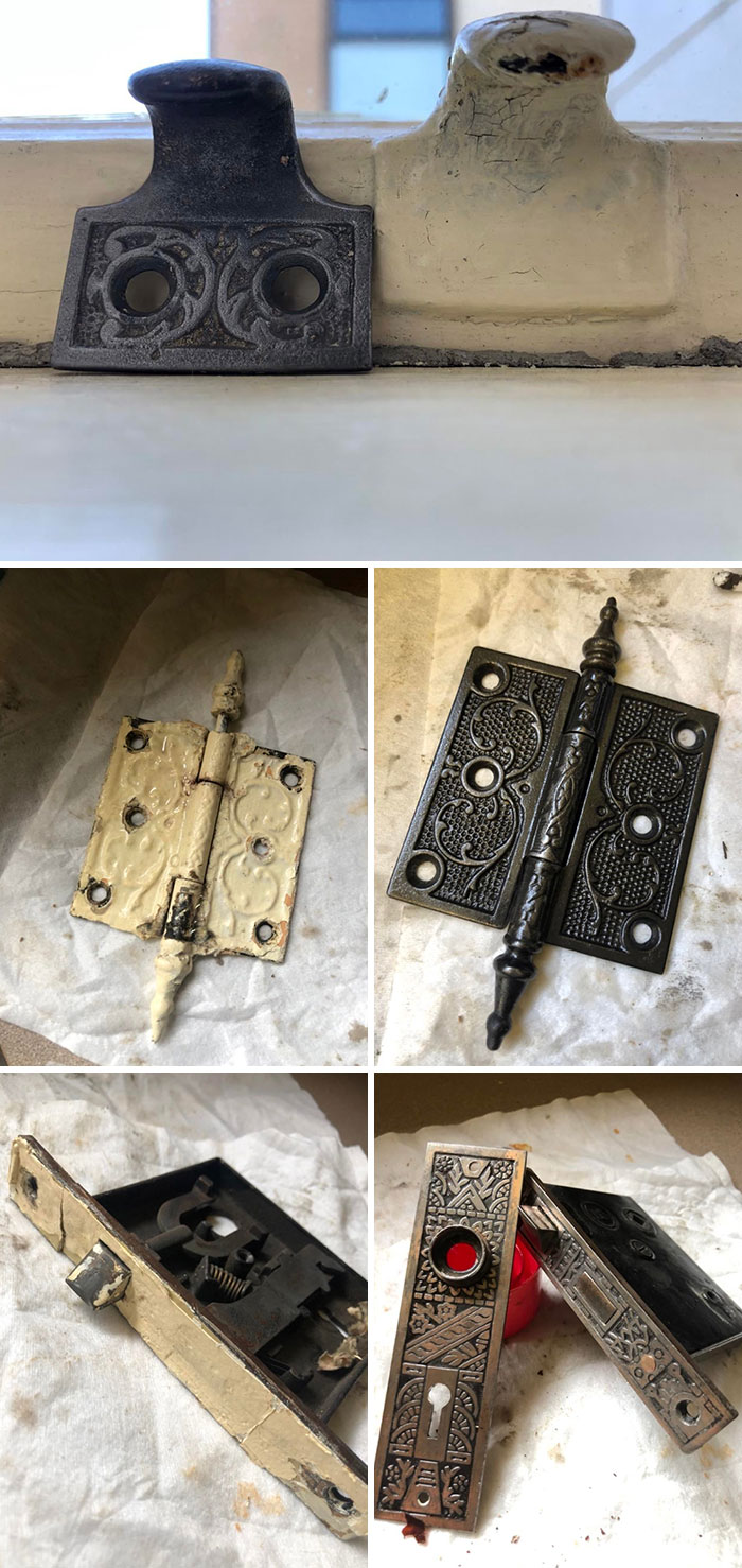 Old, rusted door hardware and hinges with peeling paint, illustrating landlords’ neglect in rental properties.