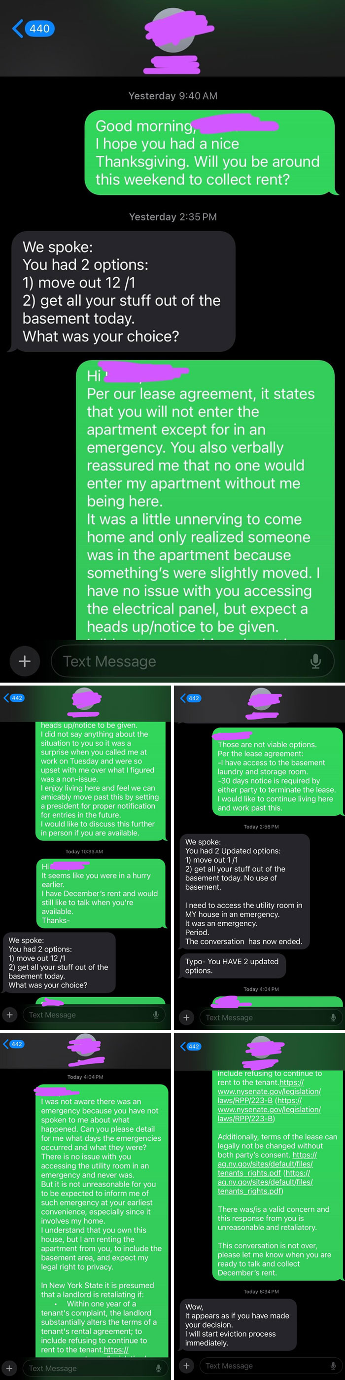 Text message exchange showing renters confronting a landlord about unauthorized apartment entry and lease agreement violations.
