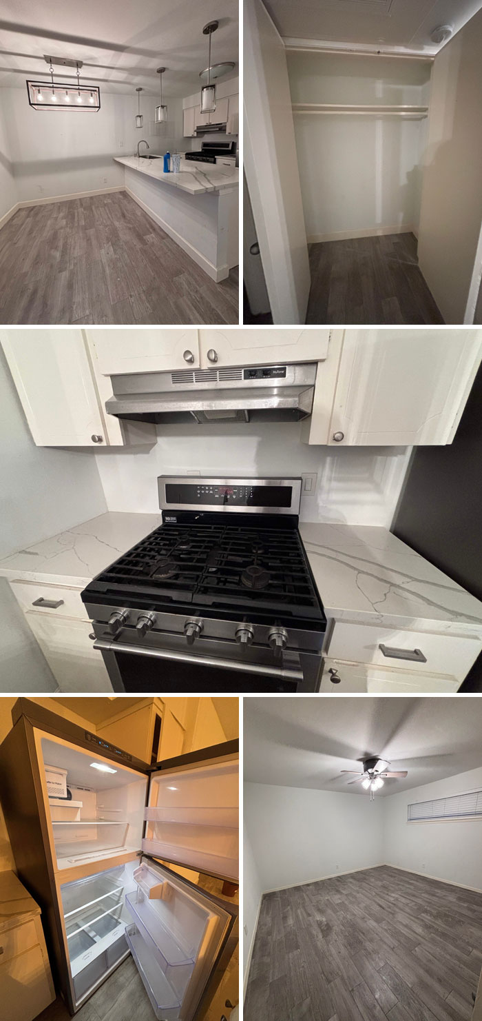 Empty apartment rooms with outdated appliances and bare closets showing landlord neglect in renter experiences.