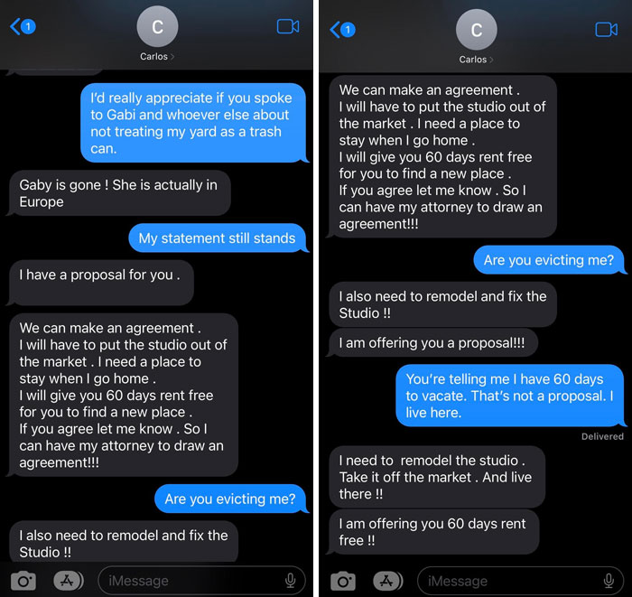 Text message exchange showing a landlord offering a tenant 60 days rent free to vacate amid studio remodeling plans.