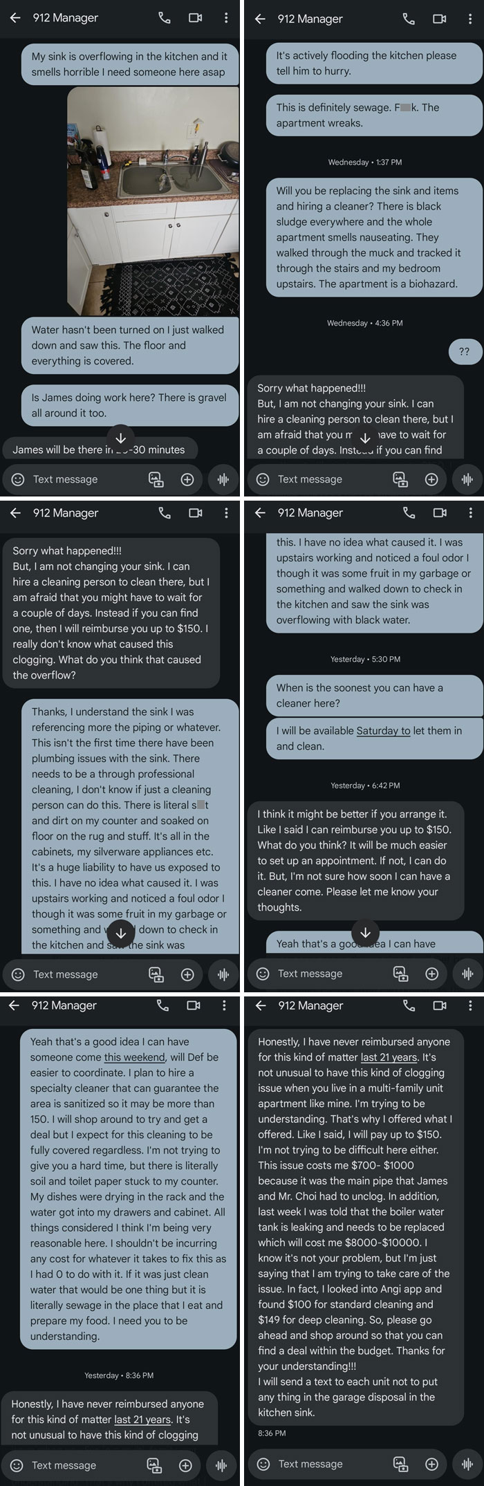 Text messages showing renter complaining about overflowing sink and landlord refusing prompt repairs in a horrible landlord situation