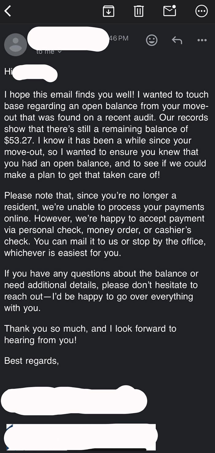 Email from landlord demanding $53.27 balance with limited payment options, showing landlord behavior renters find horrible.
