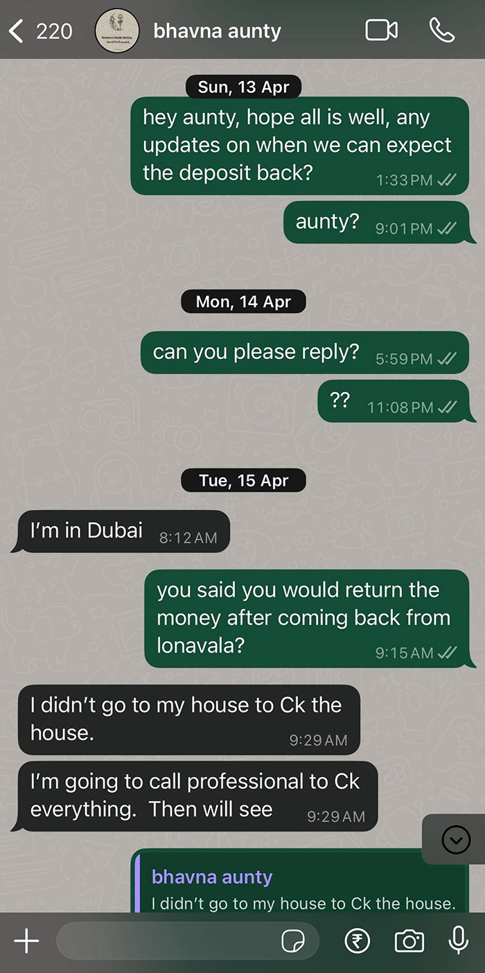 Chat screenshot showing a landlord avoiding returning security deposit and delaying communication with the renter.