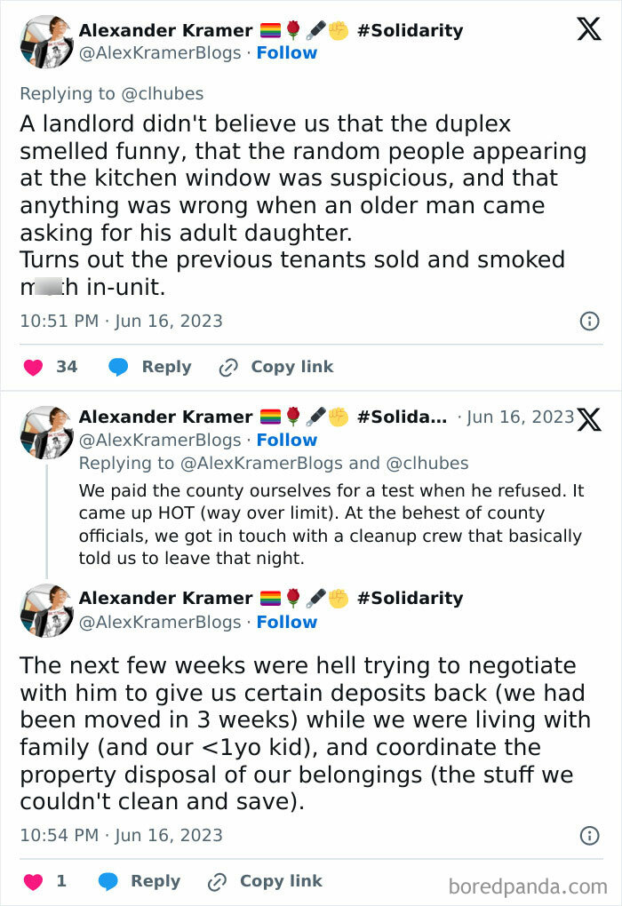 Twitter thread showing renters’ struggles with a landlord over a smoked-in unit and deposit disputes, highlighting horrible landlords.