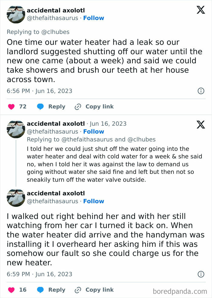 Tweets describing a landlord's terrible behavior involving water heater leaks and tenants dealing with horrible landlords.