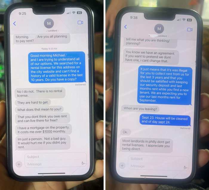 Text message exchange showing landlords and renters disputing rent payments and rental license issues.
