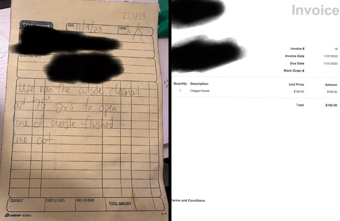 Handwritten note and invoice showing landlord charging $180 for unclogging a sewer, illustrating horrible landlord behavior.