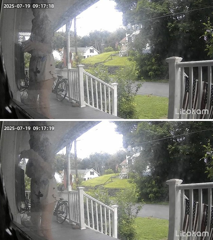 Surveillance footage shows a person on a porch with an American flag and bike, highlighting landlord and renter conflicts.