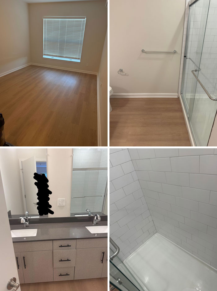 Empty apartment with bare floors and bathroom showing poor landlord maintenance, typical landlord horror for renters.