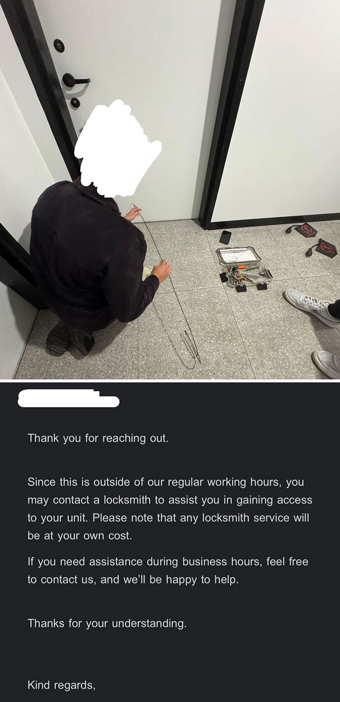 Person using a wire to unlock a door while showing landlord neglect, one of the horrible landlord moments renters faced.