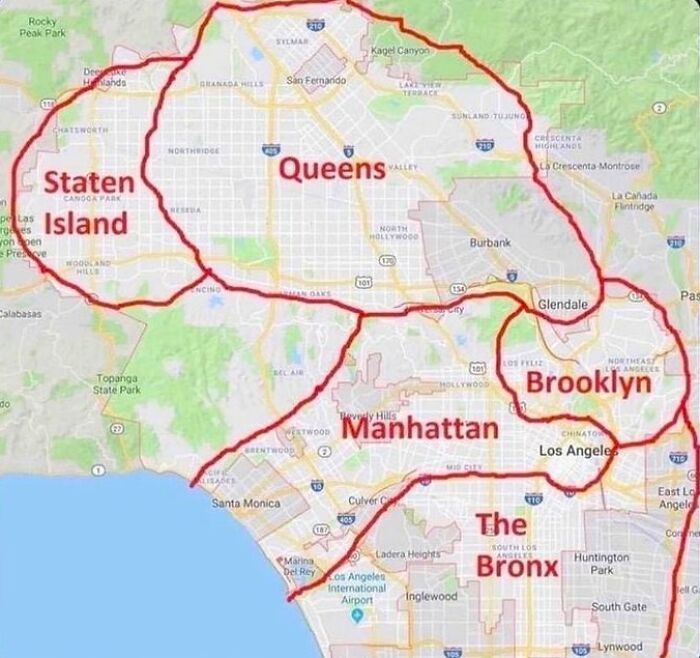 Map humorously mislabeling Los Angeles areas as New York boroughs, showcasing funny bad maps with inaccurate geography.