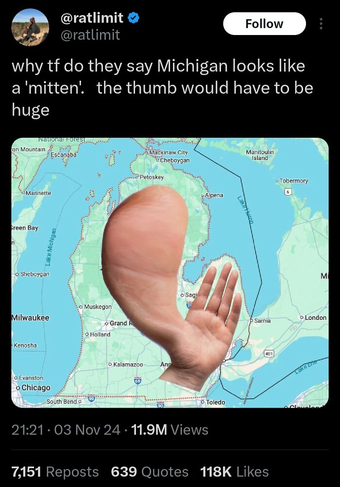 Tweet with a distorted map of Michigan showing a giant thumb and fingers, highlighting funny maps that are bad yet humorous.