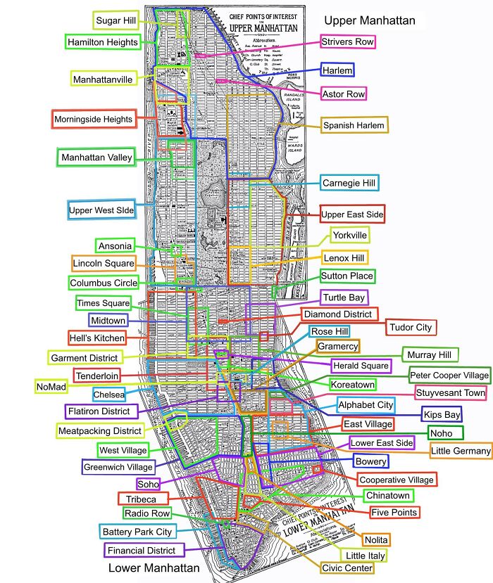 Color-coded map of Manhattan neighborhoods with humorous and confusing labels highlighting bad yet funny map design.