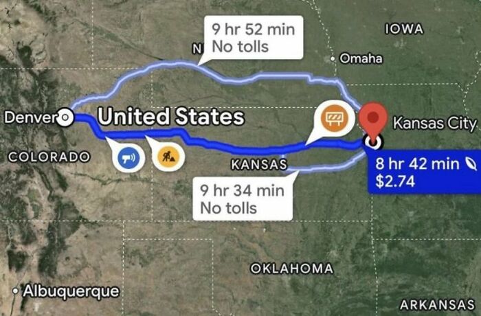 Map showing inconsistent travel times and routes between Denver and Kansas City, illustrating funny and bad map errors.