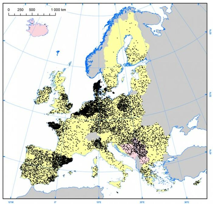 Map of Europe with black dots showing data points, illustrating an example of maps that are bad yet funny.