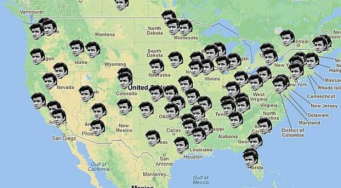 Funny map of the United States showing multiple identical faces humorously marking locations across many states.