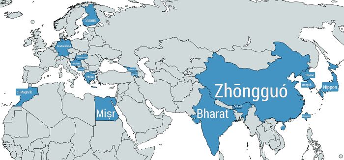 Map showing country names in their native languages across Europe, Africa, and Asia for humorous map SEO content.