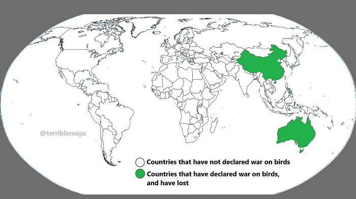 World map showing countries that declared war on birds and lost, a funny and bad map example.