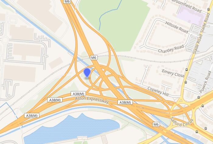 Confusing road interchange map showing overlapping highways with labels M6 and A38(M) near Aston Expressway.