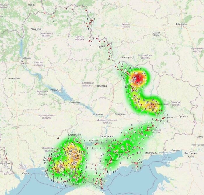 Heatmap showing clustered data points across Ukraine in a map from 89 maps that are bad yet funny.