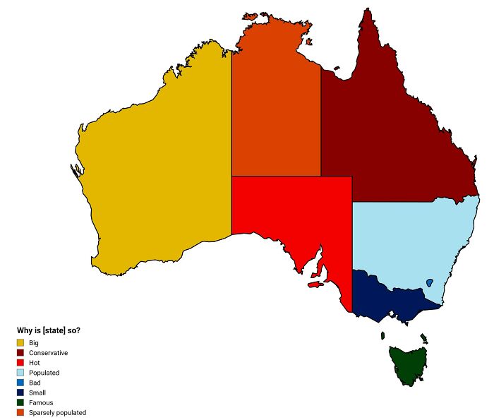 Humorous map of Australia with states color-coded as big, conservative, hot, populated, bad, small, famous, and sparsely populated.