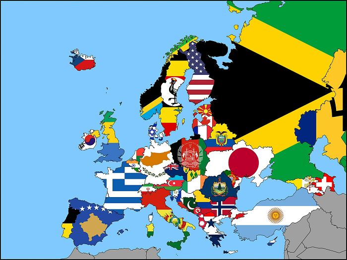 Europe map filled with country flags, showcasing a humorous and bad cartography style for funny maps SEO keyword.
