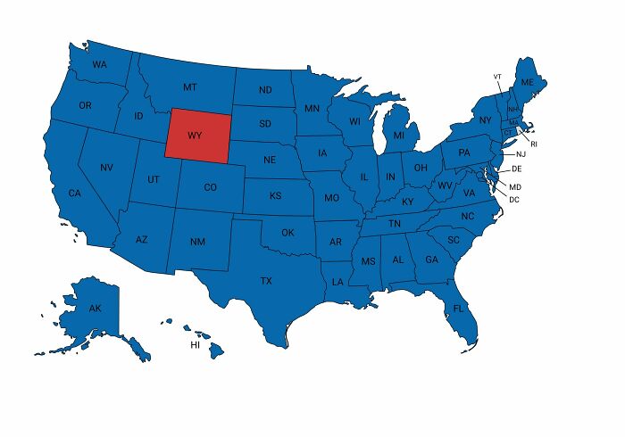 Map of the United States with Wyoming highlighted in red among blue states, illustrating funny and bad map design examples.