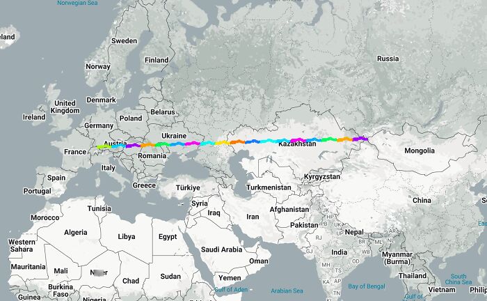 Map showing a colorful, inaccurate path crossing Europe and Asia, illustrating funny and bad map errors.