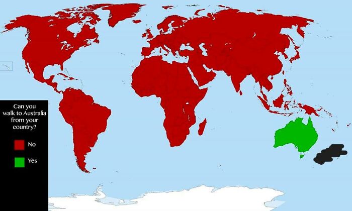 World map showing countries color-coded by whether you can walk to Australia, a funny and bad map example.