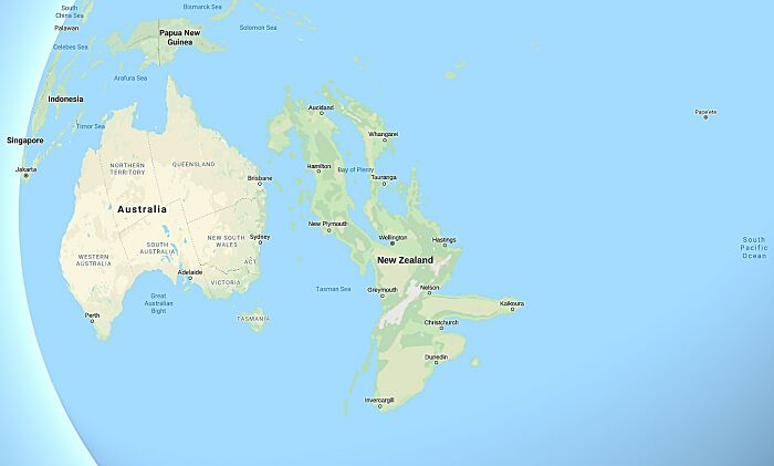 Map of Australia and New Zealand with geographical labels, showcasing a humorous and inaccurate map design.
